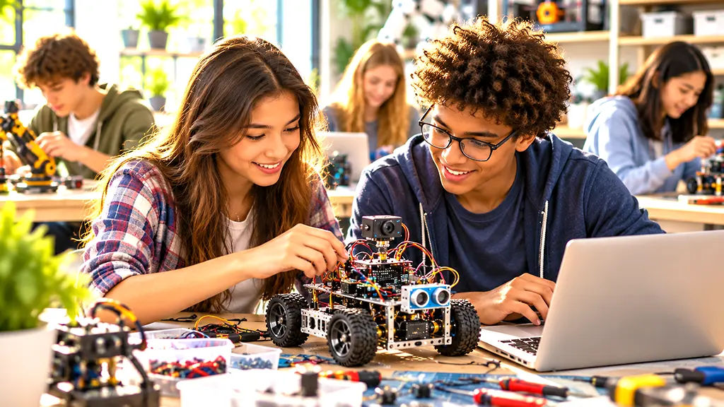 Teens collaborating on technology projects in a modern summer tech camp makerspace
